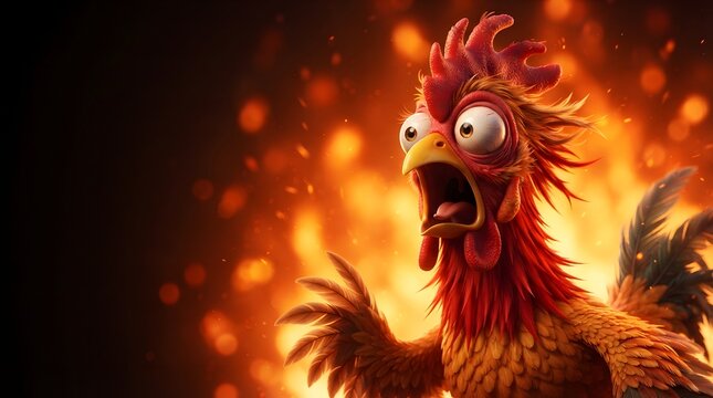 A hilarious thanksgiving turkey cartoon character in a fiery and dramatic situation
