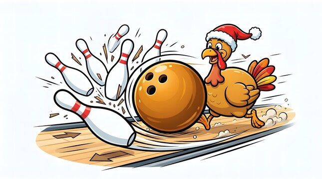 A festive turkey takes a strike a thanksgiving bowling cartoon illustration