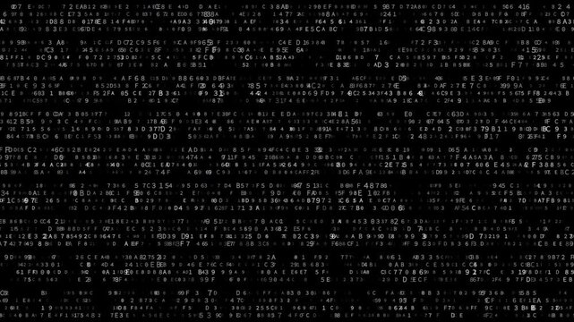Abstract futuristic black and white hexadecimal code animation with flowing data and glow effect, ideal for AI, cybersecurity and digital tech themes, seamless loop with alpha channel background