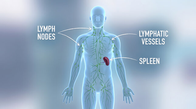 Medical illustration highlighting the human lymphatic system and organs
