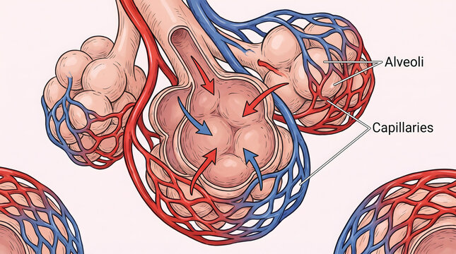 Detailed medical illustration of human lung alveoli and blood capillaries