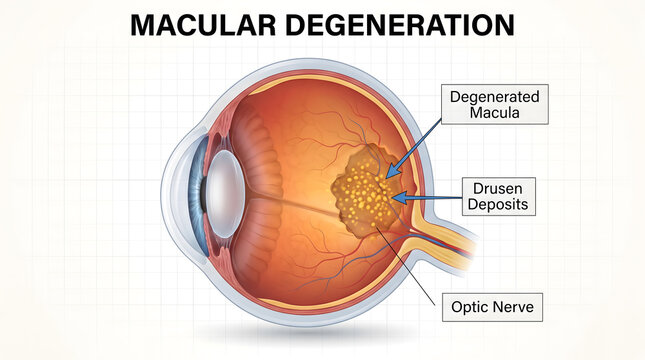 Diagram of human eye showing macular degeneration and drusen deposits