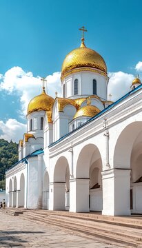 Stunning View of a Beautiful Eastern Orthodox Church with Golden Domes and Classic Arches in Ukraine