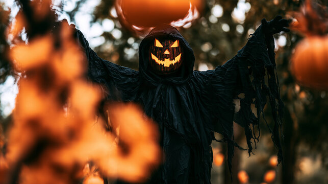 A mysterious Halloween figure wearing a tattered black hooded robe with a glowing jack-o-lantern mask, standing outdoors with both arms extended while blurred ora