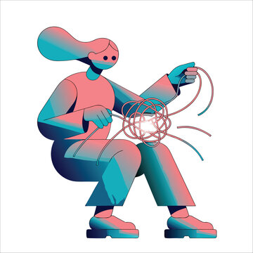 Person sitting and carefully untangling complex knot of string vector illustration