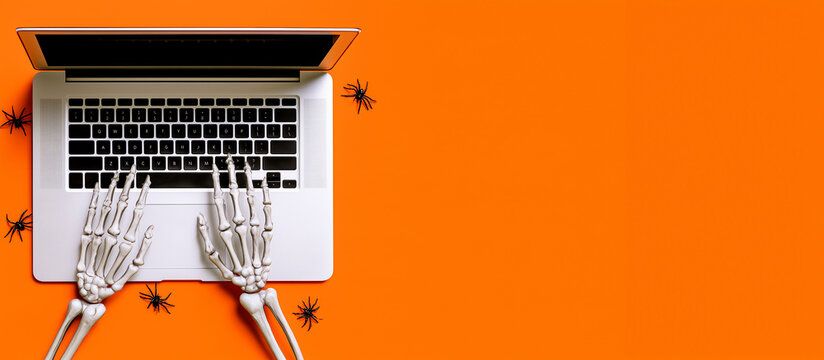 Top-down view of skeletal hands typing on a silver laptop keyboard against a vivid orange background, small black spiders crawling around the computer while large clean negative sp