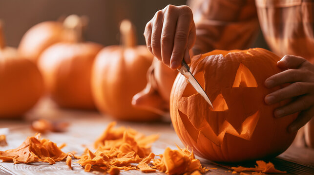 Close-up of a person holding a partially carved pumpkin while carefully cutting sharp triangular facial details with a small knife, orange scraps and removed pieces scattered acros