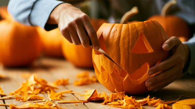 Close-up of a person holding a partially carved pumpkin while carefully cutting sharp triangular facial details with a small knife, orange scraps and removed pieces scattered acros