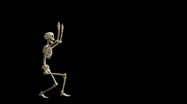 Side view of a playful skeleton performing a dramatic dance move in complete darkness, one leg bent forward and both skeletal hands lifted above shoulder level as the isolated whit