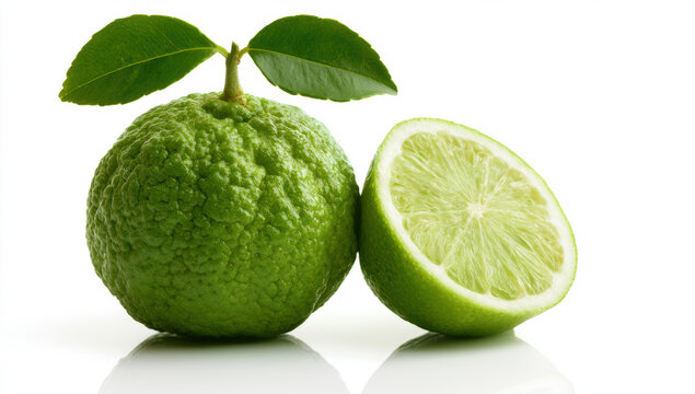 Fresh whole kaffir lime with green leaves beside a juicy sliced cross section
