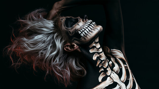 Low-angle portrait of a creepy woman transformed with detailed skeletal body paint, exposed-teeth illusion across the mouth and painted vertebrae extending down the neck, messy sil