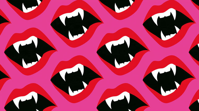 Seamless Halloween pattern filled with repeating open vampire mouths, bright red lips surrounding sharp white fangs and deep black interiors arranged diagonally across a vivid pink