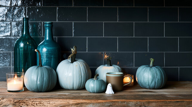 pastel blue, white and gray pumpkins arranged on a rustic wooden countertop with teal bottles, candlelight, ceramic cup and tiny ghost decoration, deep charcoal tile backsplash cre