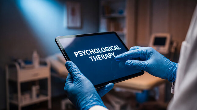 Psychologist holding digital tablet with psychological therapy text in medical office