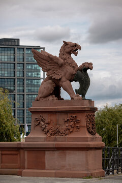 Berlin, Germany - July 4, 2026: Sandstone griffin sculptures decorate the historic Moltke Bridge near the Spree River in Berlin&rsquo;s government district.
