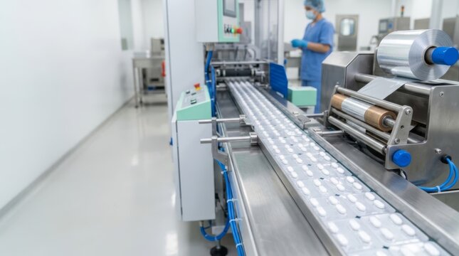 Pharmaceutical blister packaging line with white pills moving through automated foil sealing equipment in a bright, modern factory