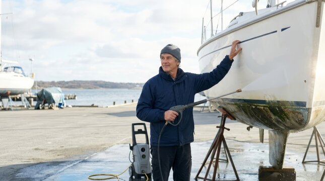 Man pressure washing sailboat hull 'Seabreeze' at dry dock for winter maintenance
