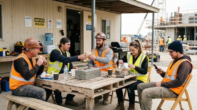 Construction crew enjoys lunch break together at a pallet table, wearing safety vests and hard hats on a bright day.