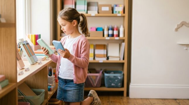 Young girl compares pencil cases on a store shelf, learning to budget for her first independent purchase