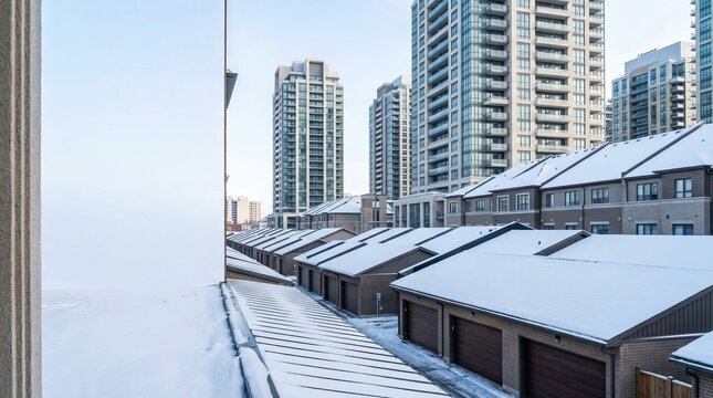 Snow-covered modern townhouses with garages in front of tall apartment buildings on a clear winter day