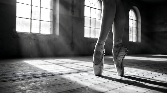Close up of ballerina standing en pointe in an empty sunlit studio, black and white fine art image representing ballet technique, balance, strength and elegance.