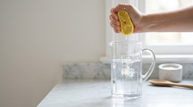 Hand squeezing fresh lemon into clear water pitcher in bright kitchen with copy space
