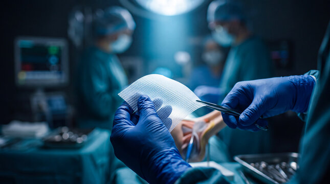 Surgeon holding surgical mesh for hernia repair procedure in a modern hospital operating room