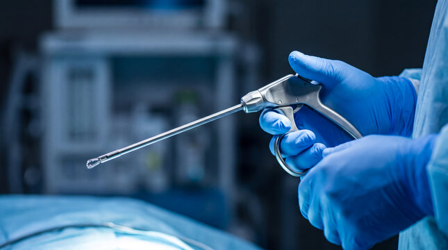 Surgeon holding laparoscopic surgical instrument in operating room during medical procedure
