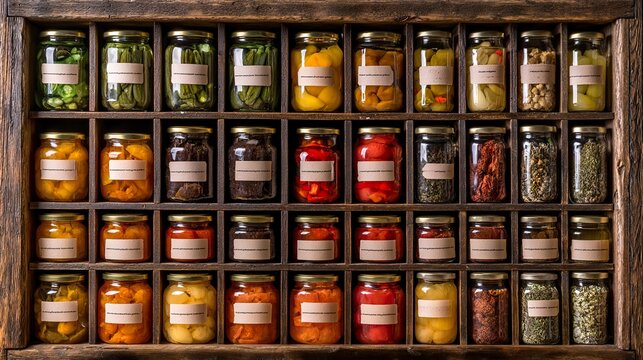 Large wooden shelf filled with glass jars of homemade preserves, sauces and jams, showing a cozy pantry scene with preserved food and canning tradition.