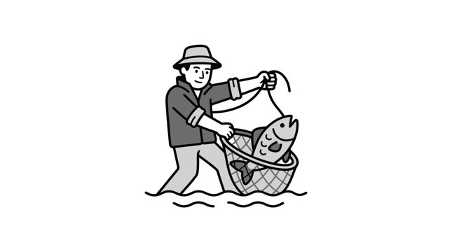 Elegant Black and White of Fisherman Holding Large Fish with Fishing Net in Water with high quality professional line art symbols for modern creative design and digital branding projects