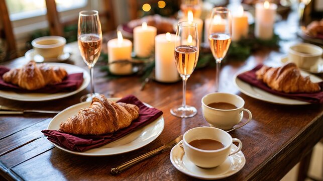 Luxury Christmas breakfast in a hotel restaurant with a wooden table, drinks in glasses, coffee or tea cups, croissants and candles arranged for a holiday meal. The table is set for a holiday meal.