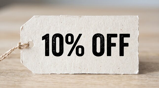 Minimalist 10% off discount tag, white paper price label with black text, promotional sale voucher on wooden background