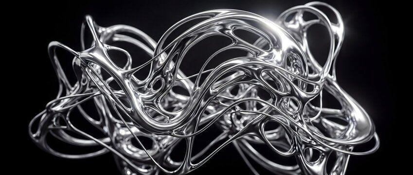 Liquid Chrome Metal Abstract 3D Sculpture on Black Background