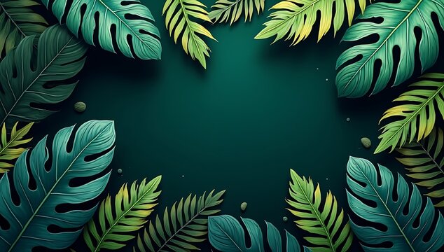 Tropical monstera leaves frame illustration with dark green background for nature design projects