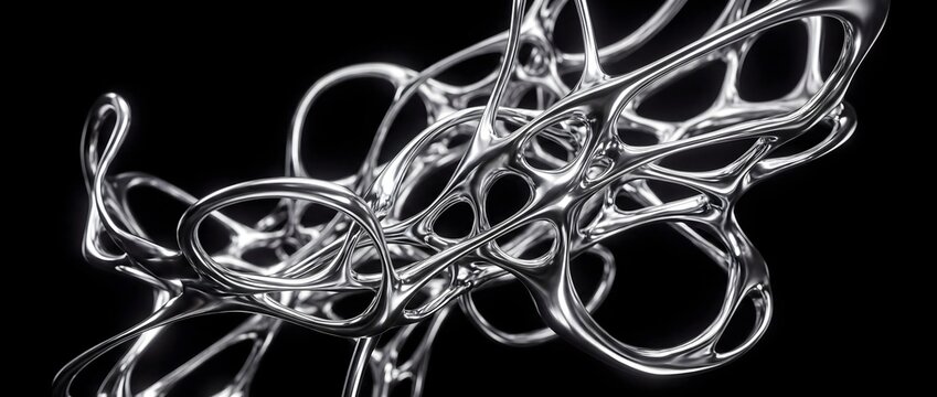 Liquid Chrome Metal Abstract 3D Sculpture on Black Background