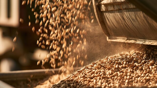 Close-up of golden grain being poured and processed at an industrial grain elevator, showing the harvest handling, storage, and transport process with falling wheat kernels in motion.