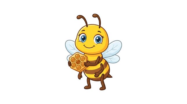 Cute cartoon honey bee holding a honeycomb, friendly bumblebee character illustration, yellow and black striped insect mascot on white background