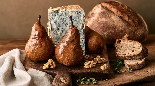 Rustic autumn table with homemade bread, baked pears, walnuts and blue cheese, styled with seasonal harvest ingredients for a cozy farm-to-table food composition and rustic dining scene.