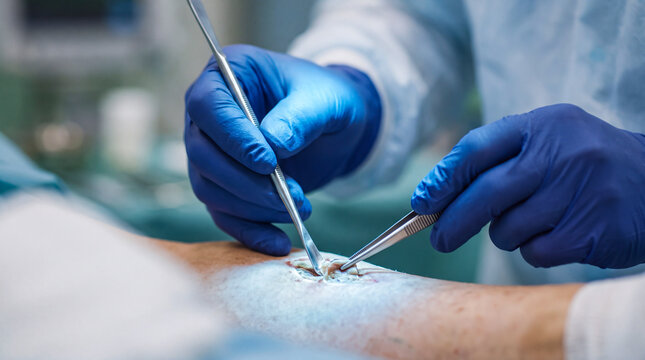 Surgeon performing wound debridement with medical instruments in a sterile operating room.