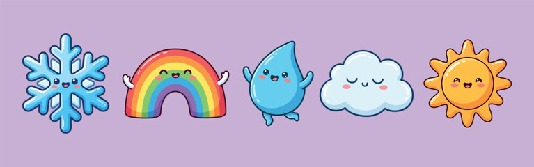 Obraz premium Cute weather characters vector illustration with snowflake, rainbow, water droplet, cloud, and sun
