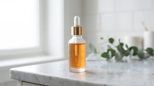 Frosted glass dropper bottle with gold cap containing amber serum on a white marble surface, elegant beauty product with eucalyptus leaves