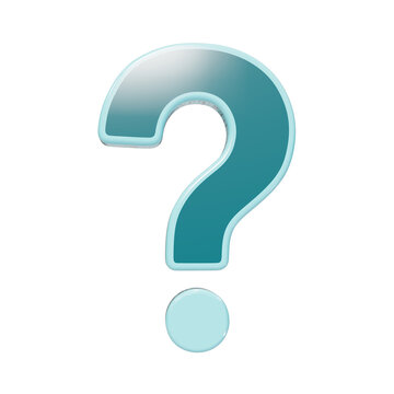 Glossy 3D question mark symbol with teal gradient and light blue outline isolated on a transparent background
