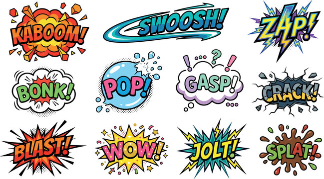 Explosion and impact sound words like kaboom bonk and zap for comic books and action scenes.