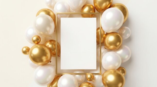 Gold balloons background with celebration frame for a rich grand opening card.