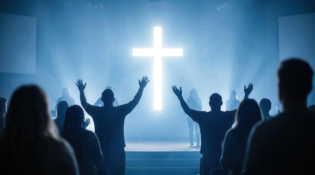 Silhouette worship team with hands raised in thanks to God before a white cross background