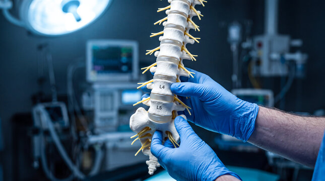 Doctor holding a human spine model in a modern hospital operating room for medical study
