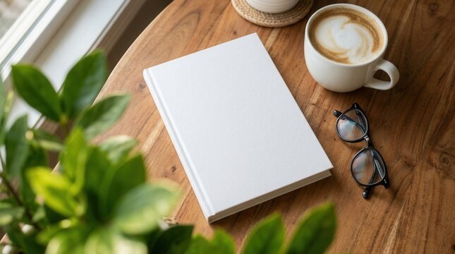 Literature concept flat lay featuring a customizable white soft cover book mockup, coffee mug, and glasses on a brown wooden table