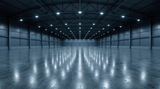 VR AR concept showing a large empty room as a gallery or warehouse hangar with spotlights in a full seamless spherical 360 degree HDRI panorama equirectangular projection