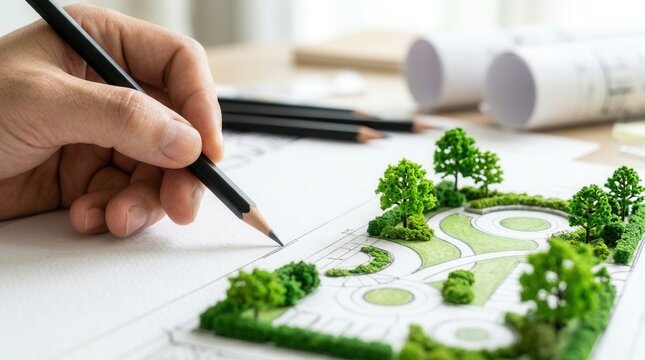 Selective focus of a home landscape design layout plan with hand sketching using a black pencil and circle template ruler on white paper.