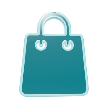Teal 3D shopping bag icon with rounded corners and glossy light blue outline isolated on a transparent background